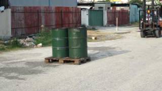 SEKO Forklift Scale crash into water barrels on skid